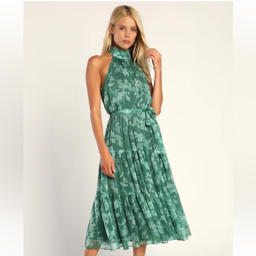 Green Floral Print Halter Tiered Midi Dress